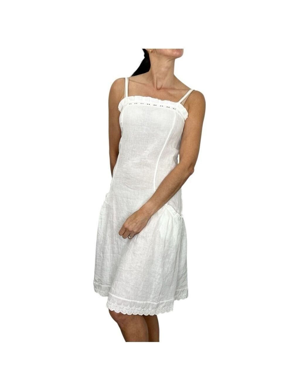 Classic minimalist white linen eyelet lace embroidered summer sun dress